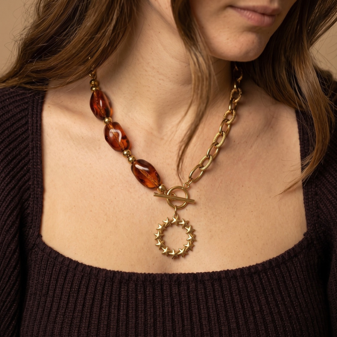 Collier Perles Café "Maxine" - Charm Personnalisable