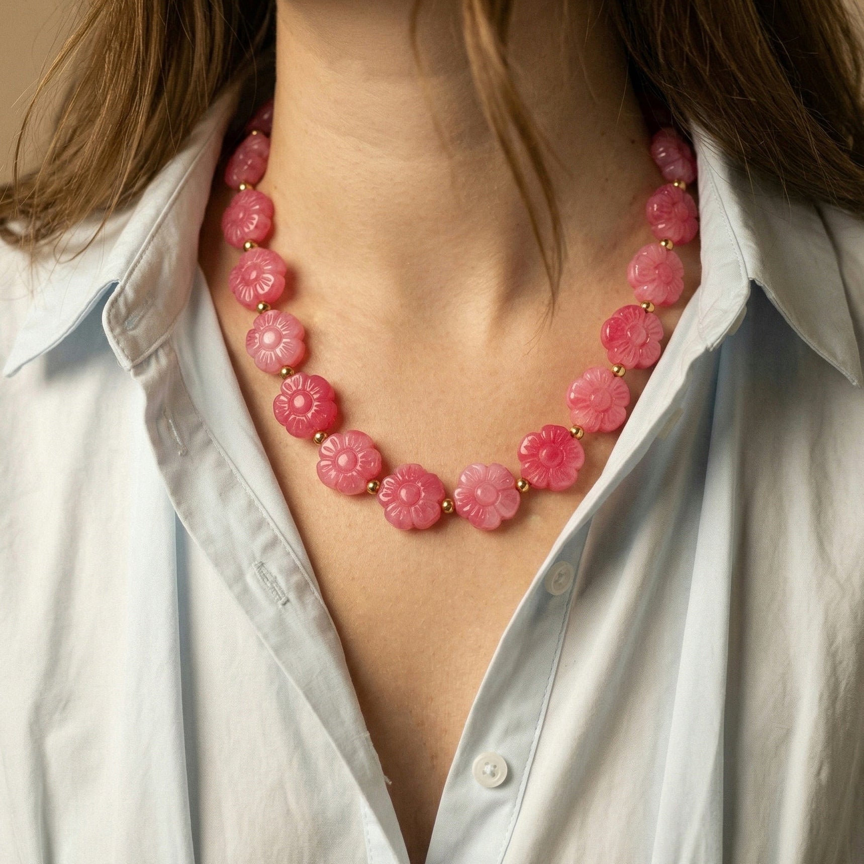 Collier perles résine fleur - rose