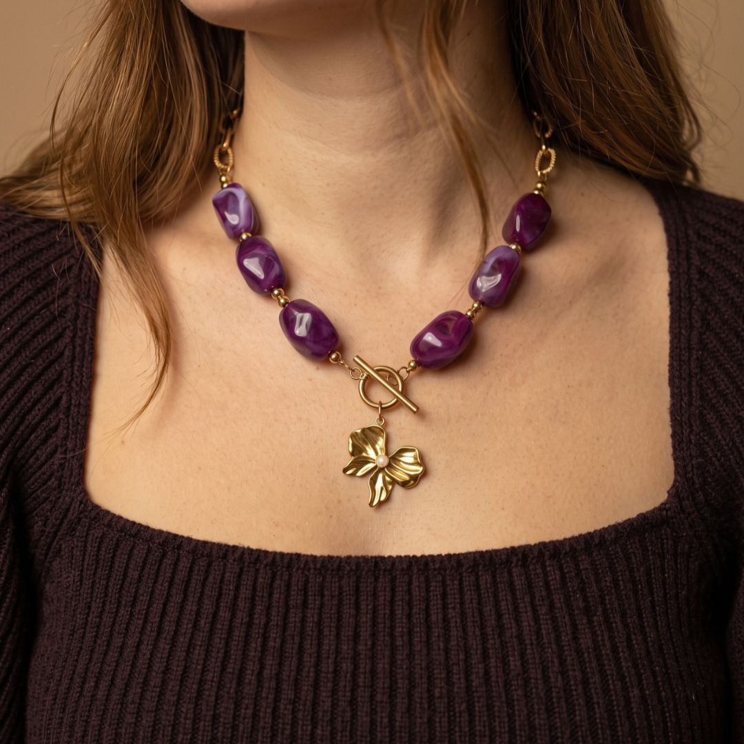 Collier Perles Mauve "Pao" - Charm Personnalisable