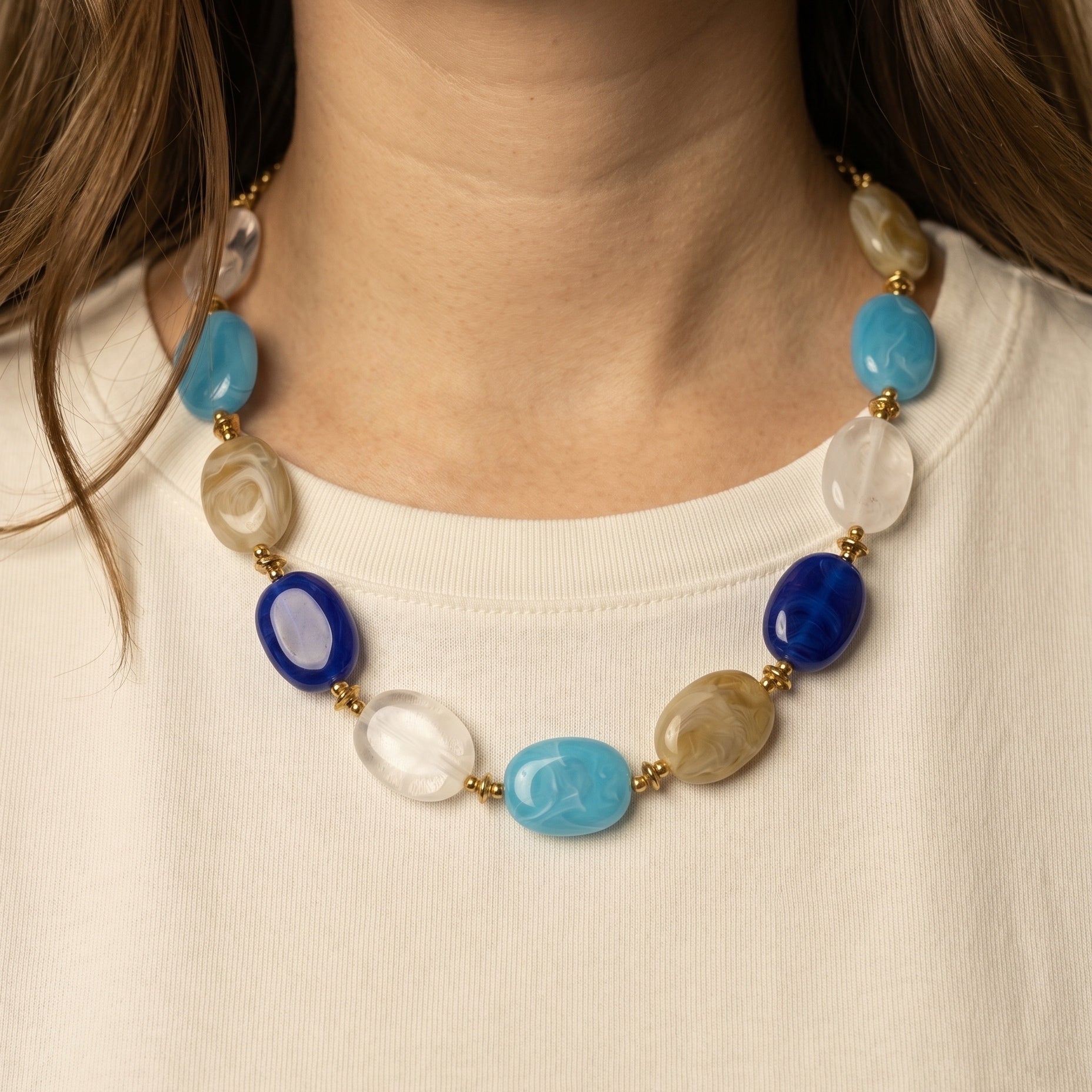 Collier Perles Résine Multi bleu